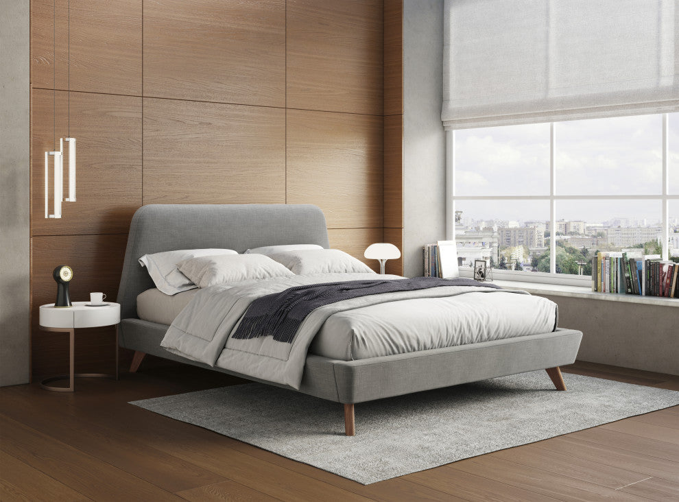 Henry Mid-Century Modern Upholstered Platform Bed, Light Gray, Queen
