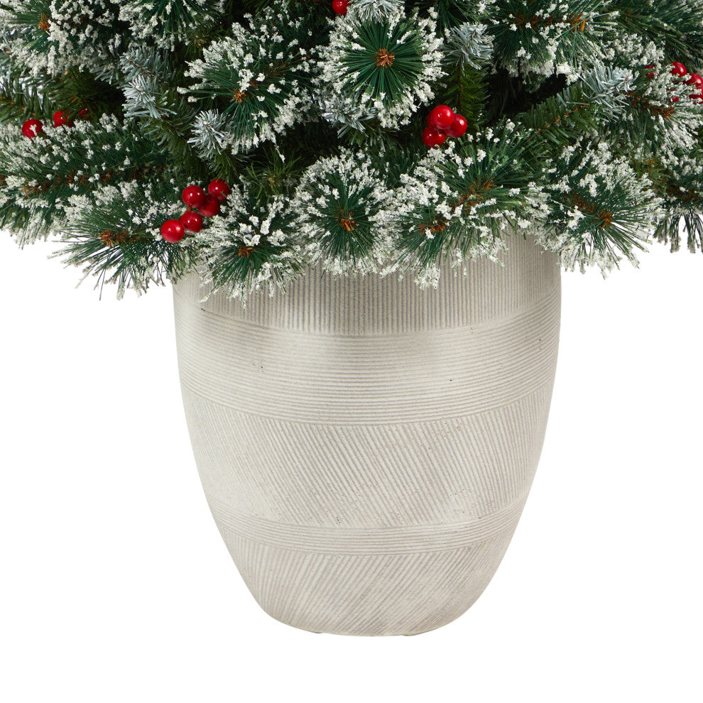 50" Frosted Swiss Pine Faux Xmas Tree W/100 Clear Lights & Berries, Planter