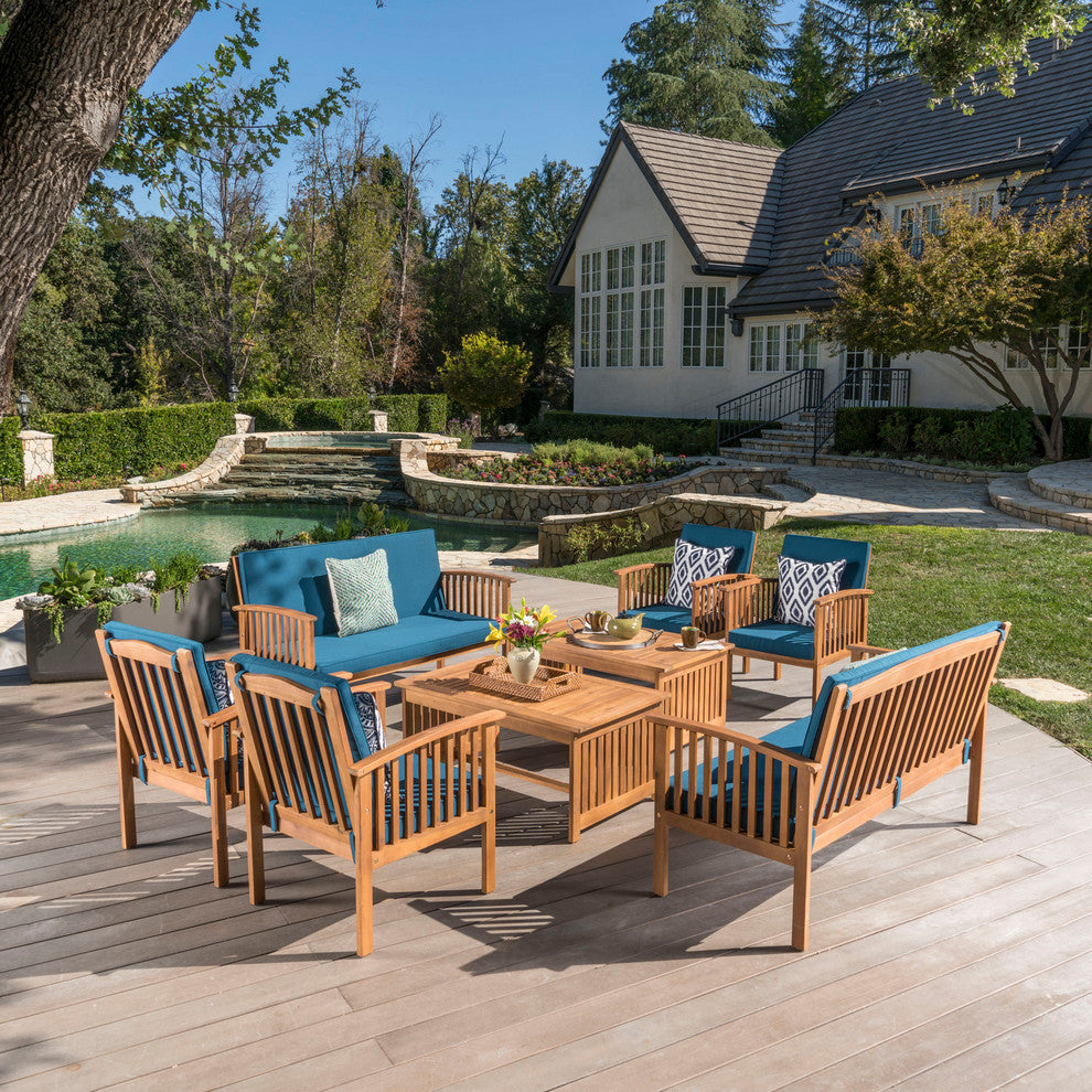 GDF Studio 8-Piece Cape Town Outdoor Acacia Wood Sofa Set, Dark Teal