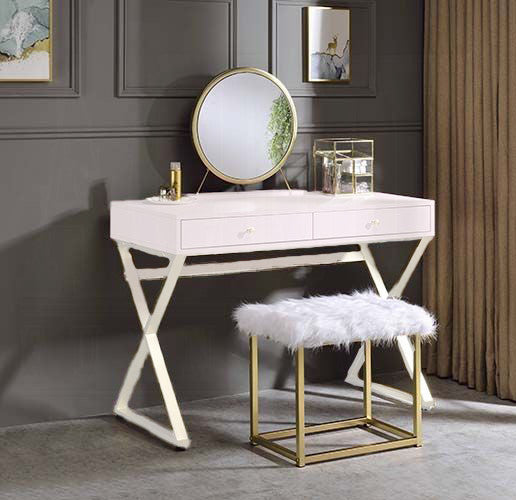 ACME Adao Vanity Mirror and Stool, Faux Fur, Mirror, Pink and Gold Finish