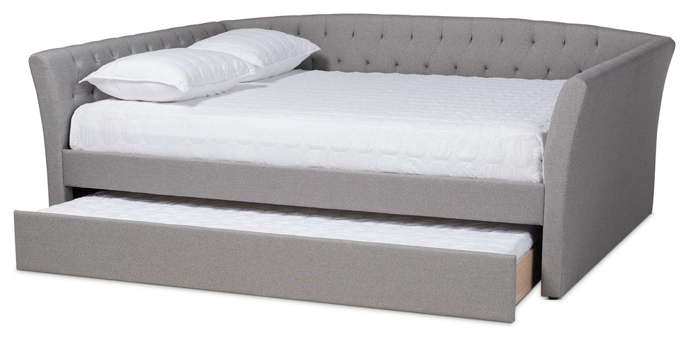 Qintal Fabric Upholstered Queen Size Daybed With Roll-Out Bed, Light Gray