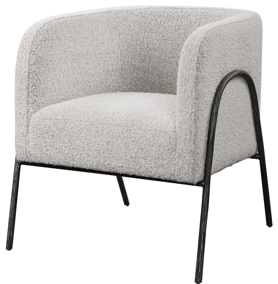 Retro Modern Gray Barrel Back Accent Chair Iron Frame Textured Fabric Scandi