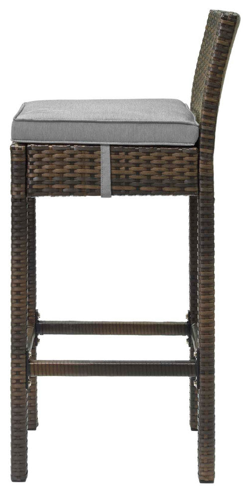 Modern Outdoor Bar Stool Chair, Set of Two, Fabric Rattan, Brown Gray Grey