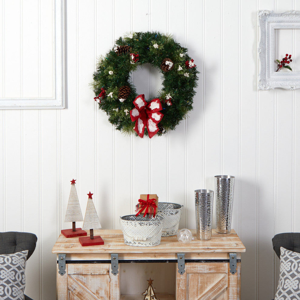 24" Snow Tipped Berry and Pinecone Faux Wreath With Bow and 50 LED Lights