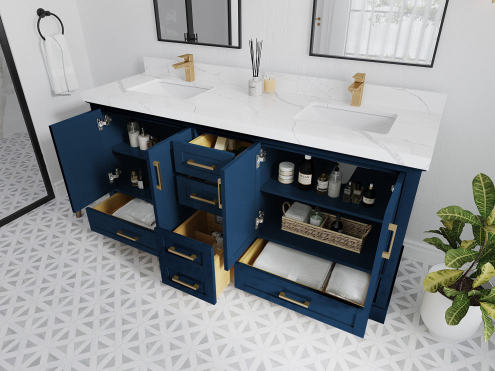 Boston 72 Double Sink Bath Vanity in Navy Blue 2" Carrara Marble