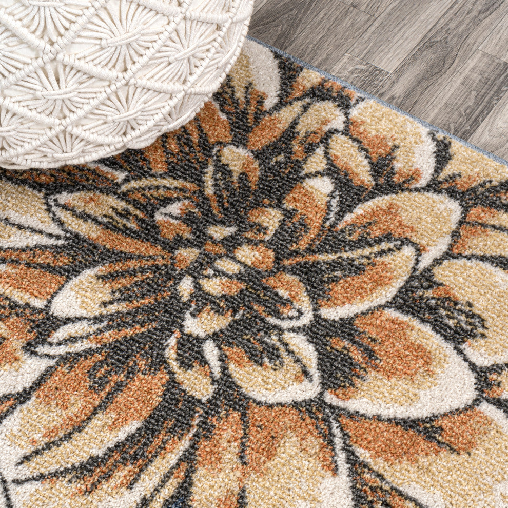 Giglio Modern Botanical Flower Area Rug, Blue/Orange/Cream, 3 X 5