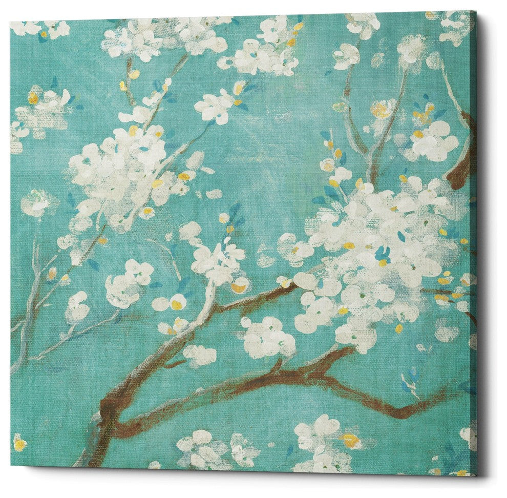 "White Cherry Blossom I on Blue" Giclee Canvas Wall Art, 18"x18"