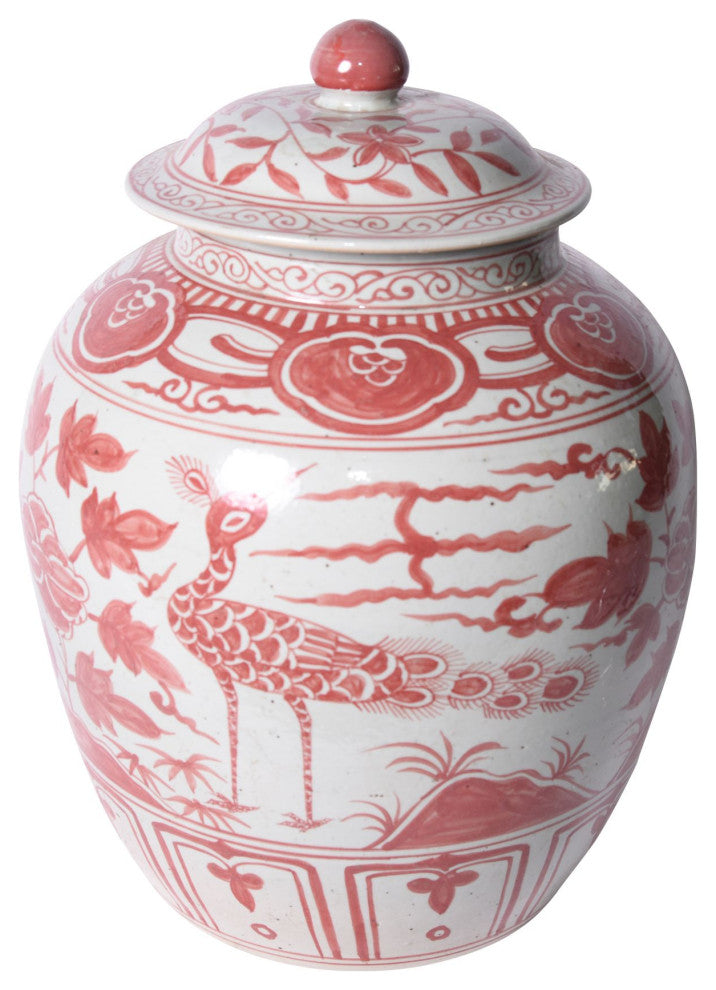 Coral Red Ginger Jar Bird Motif Large