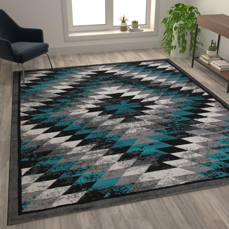 Teagan Collection Southwestern Area Rug - Olefin Rug with Jute Backing, Turquoise, 8' X 10'