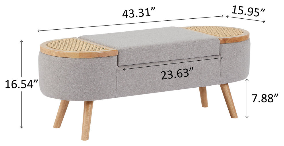 Wood Ottoman Storage Bench with Rattan,Linen Seat, Grey