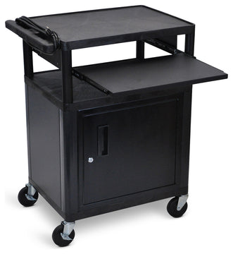 Luxor Endura Black 3-Shelf Presentation Cart With Cabinet and Pullout Shelf, 34"