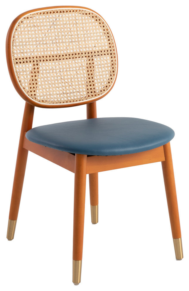 LeisureMod Holbeck Modern Dining Chair with Wood Legs and Wicker Back, Navy Blue