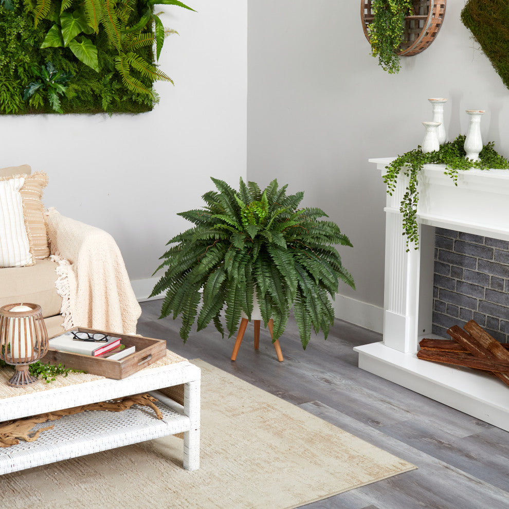 2.5' Boston Fern Artificial Plant, White Planter With Legs