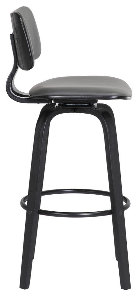 Pico 26" Swivel Black Wood Counter Stool in Gray Faux Leather with Black Metal, 30