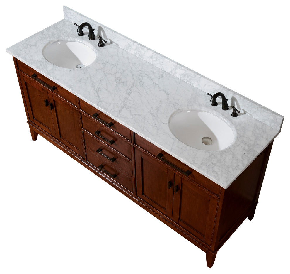 Avanity Madison 73" Double Vanity, Tobacco Finish, Carrera White Marble Top