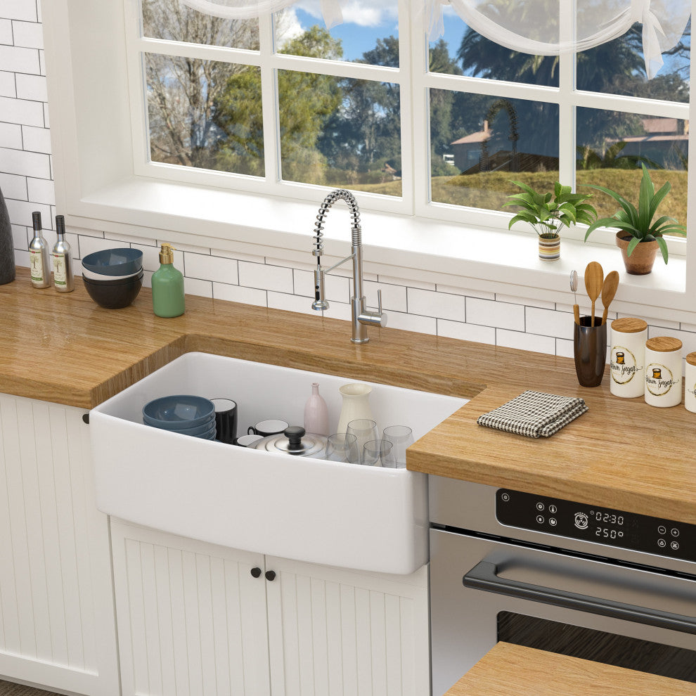 White Farmhouse Ceramic Kitchen Sink Single Bowl Apron Front Basin, 33"x19"x10"