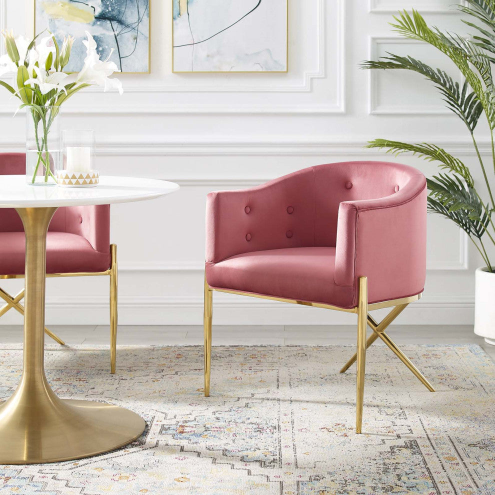 Tufted Side Dining Chair, Velvet, Metal, Pink, Modern, Cafe Bistro Restaurant