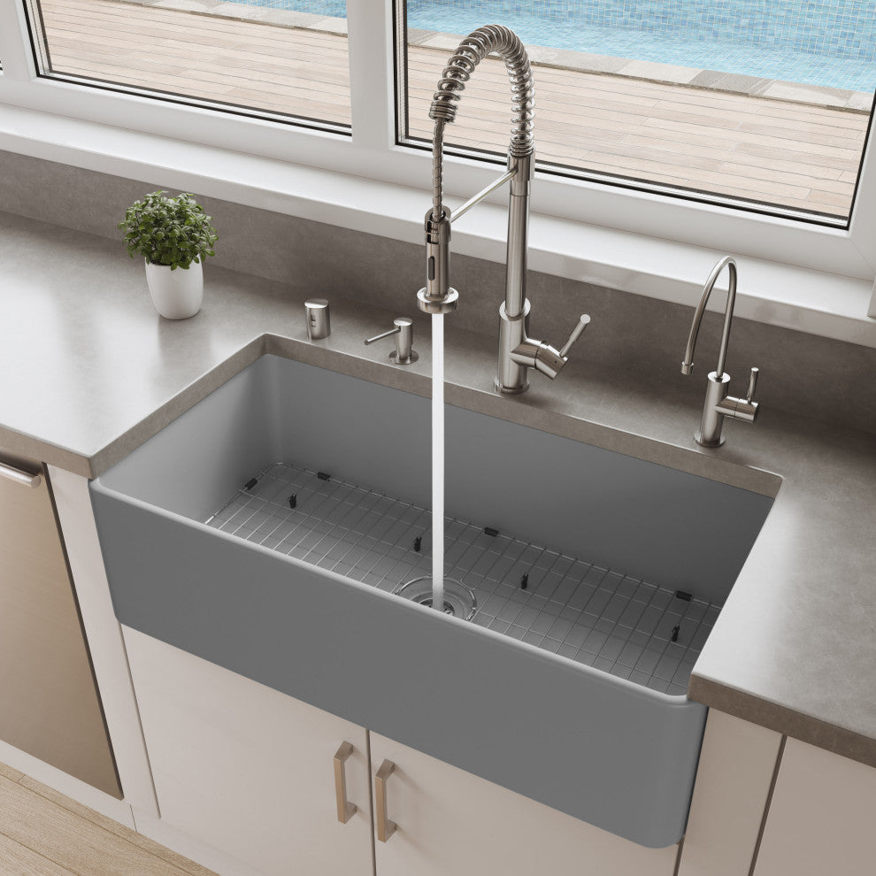 ALFI brand ABF3618-GM Gray Matte Smooth Apron 36" x 18" Fireclay Farm Sink