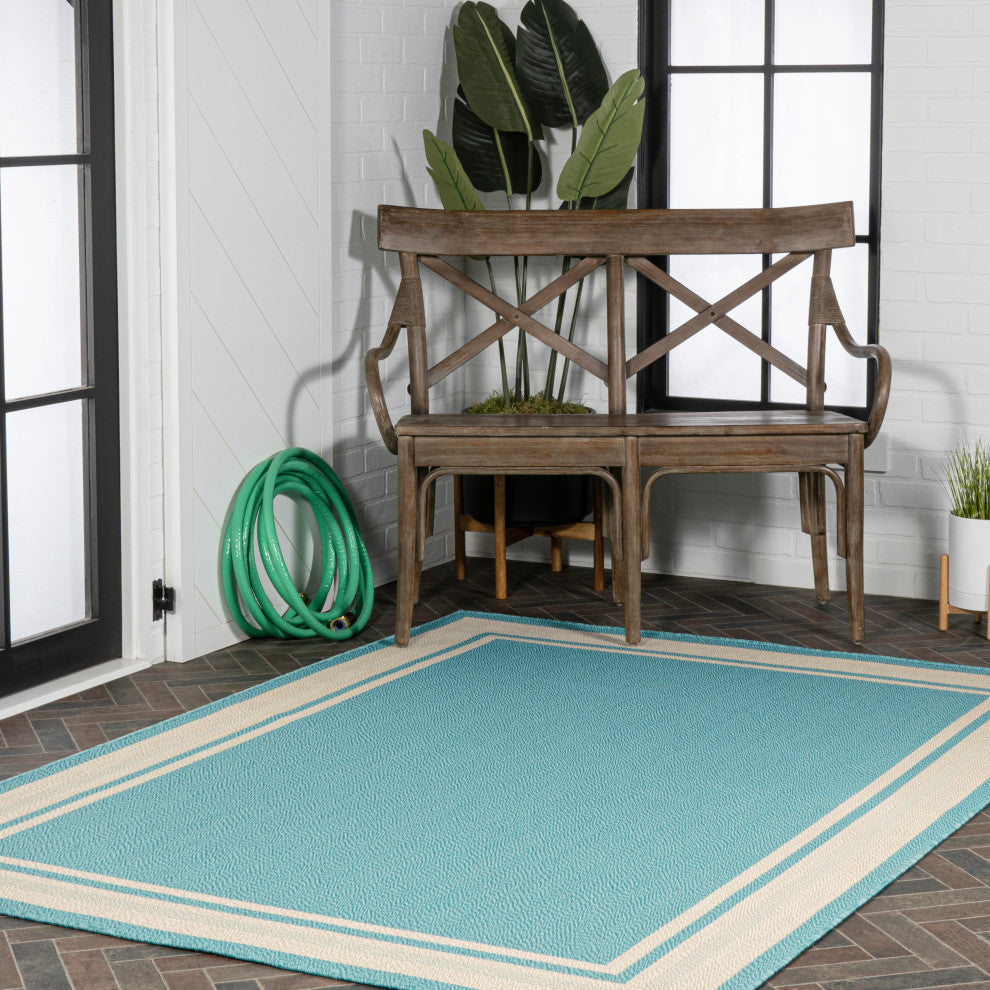 James Modern Border Stripe Indoor/Outdoor Area Rug, Aqua/Beige, 4x6