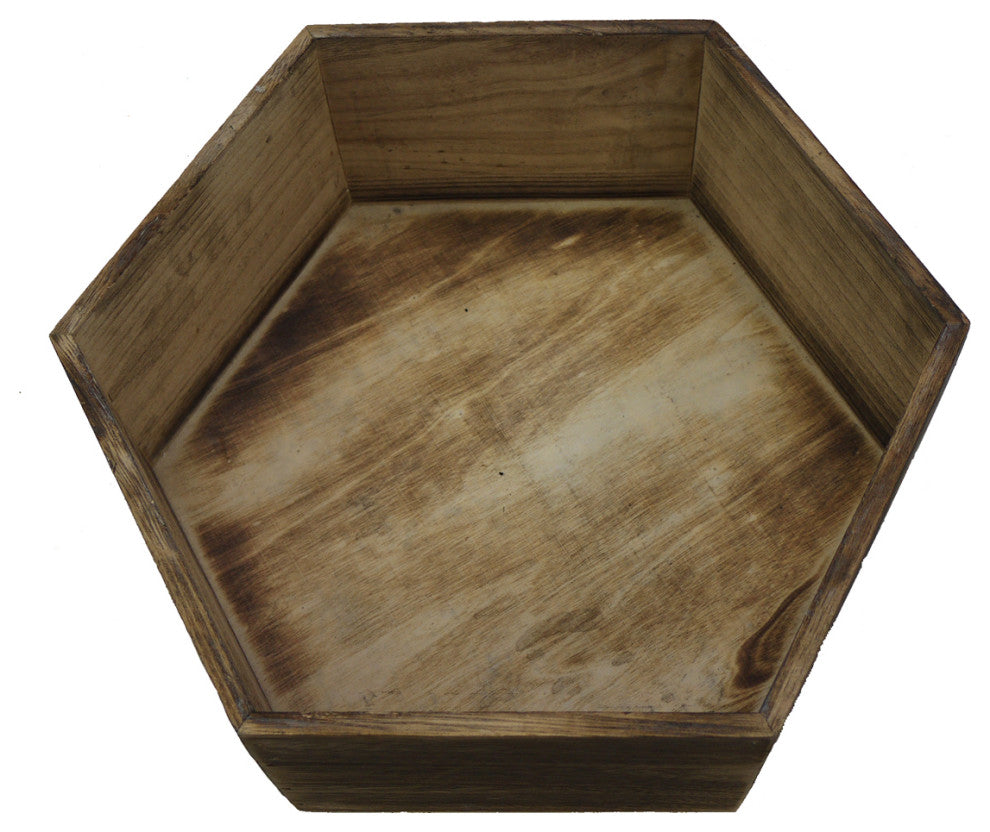 11.8" Brown Wash Hexagon Wood Crate, Set of 3