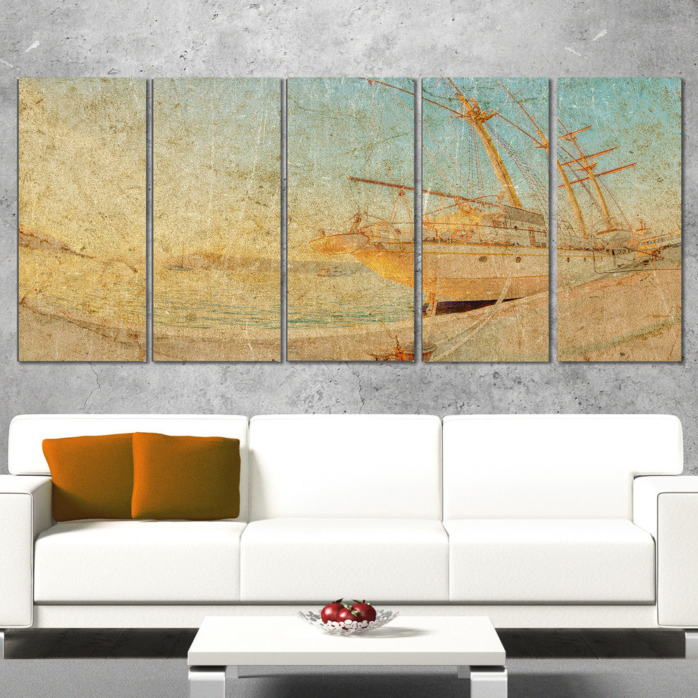 "Old Sailing Ship in Sunlight" Extra Large Seascape Art Canvas, 5Panel, 60"x28"