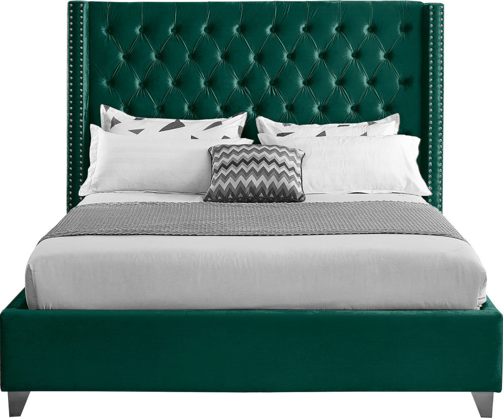 Ames Velvet Bed, Green, Queen