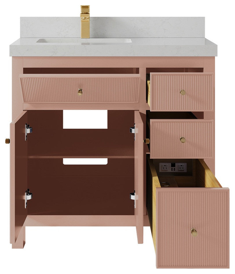 Sonoma 36 Left Offset Reeded  Bath Vanity in Warm Terracotta, 2" Carrara Quartz