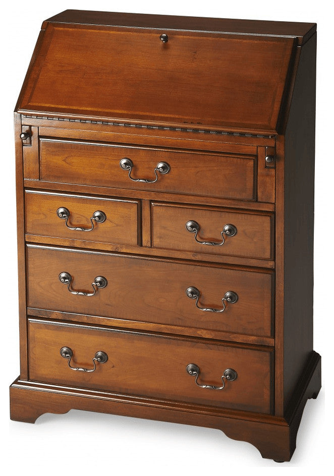 26" Brown Rubberwood Wood Secretary Desk With Five Drawers