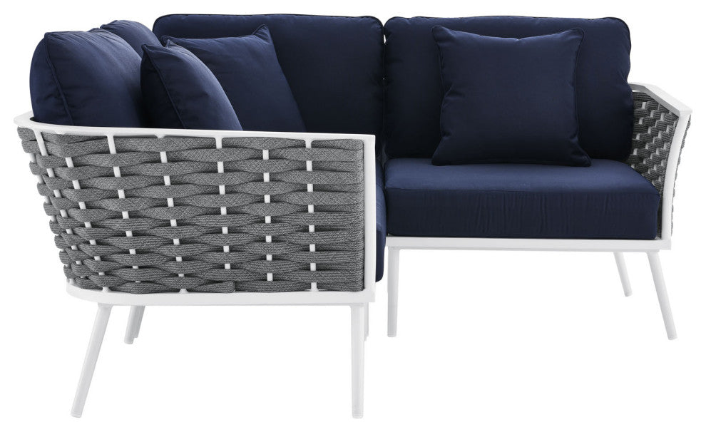 Lounge Sectional Sofa Chair Set, Navy White, Aluminum, Modern, Outdoor Patio