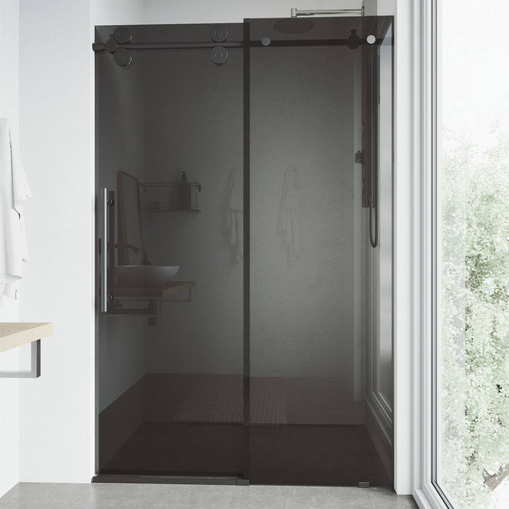 VIGO Elan 56" to 60" W x 74" H Frameless Sliding Shower Door, Matte Black, Black Tint Glass