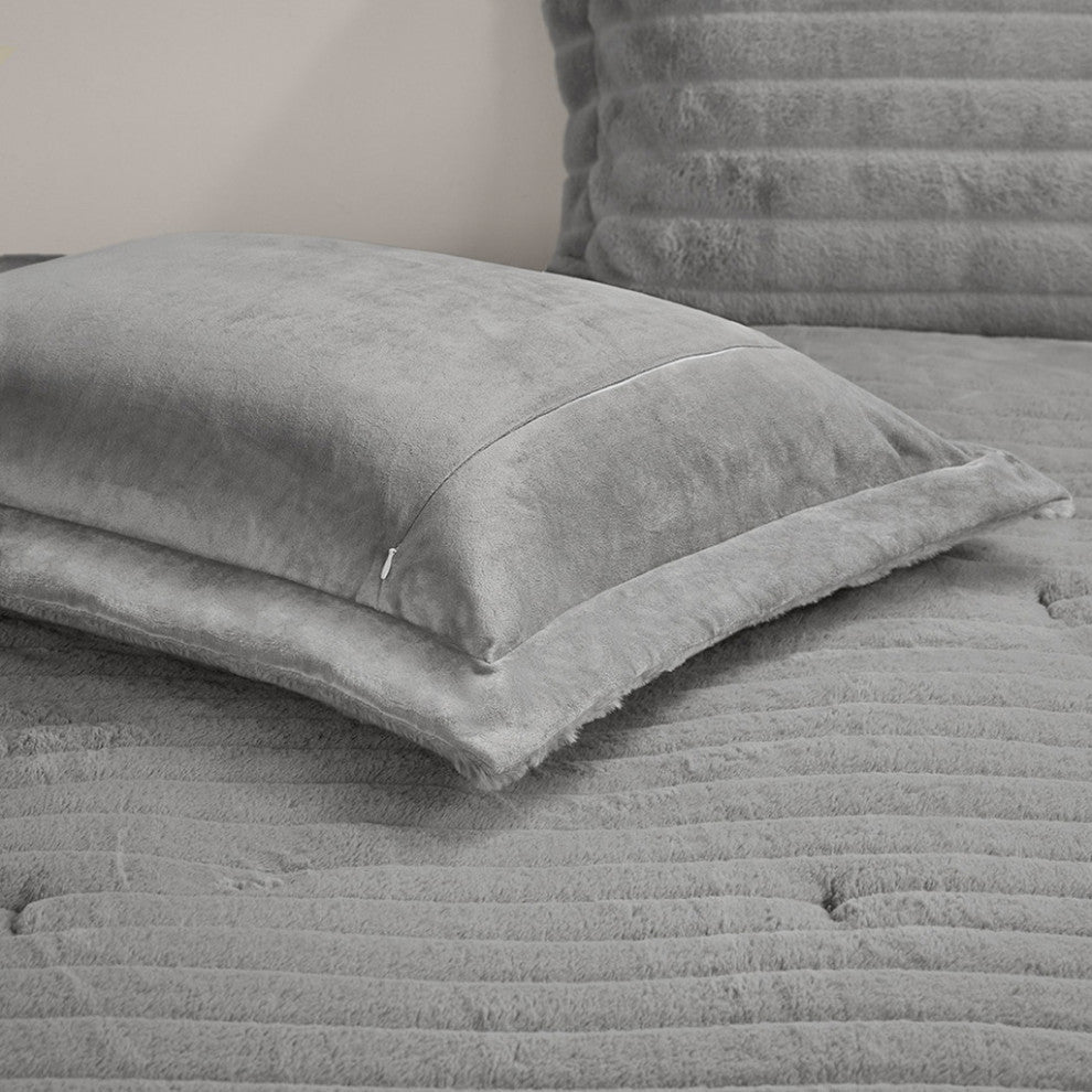 Madison Park Amara Striped Faux Fur Plush Comforter Mini Set, Grey, Grey, King/C