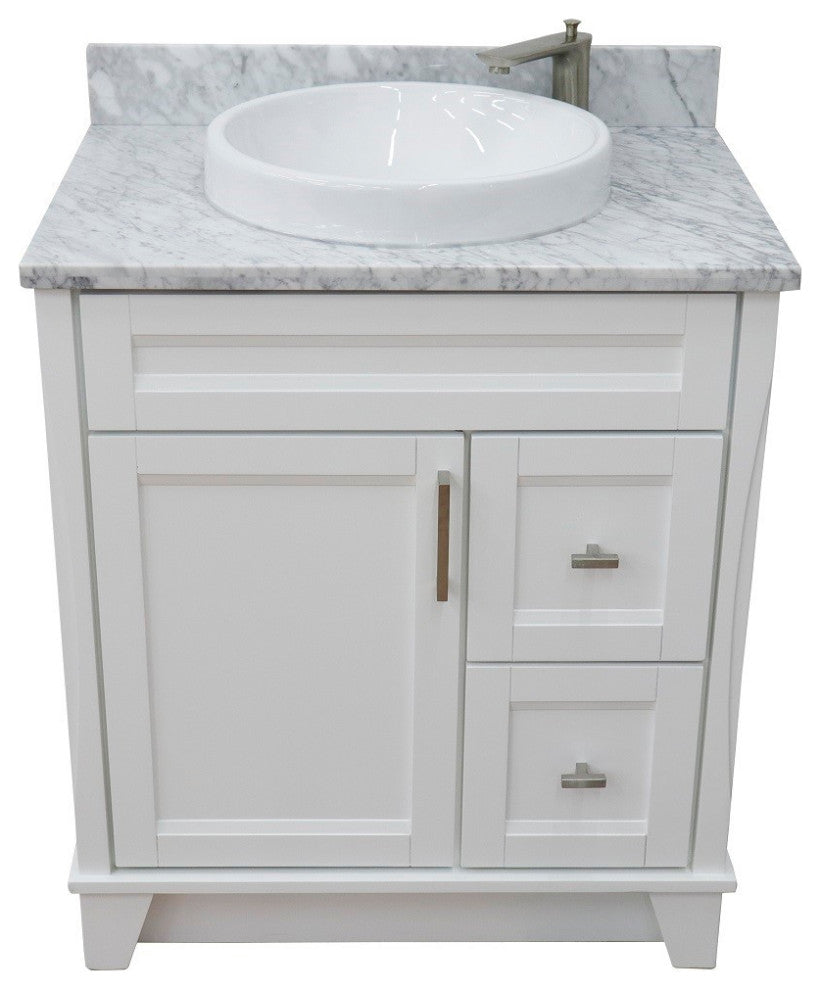 31" Single Sink Vanity, White Finish With White Carrara Marble With Round Sink