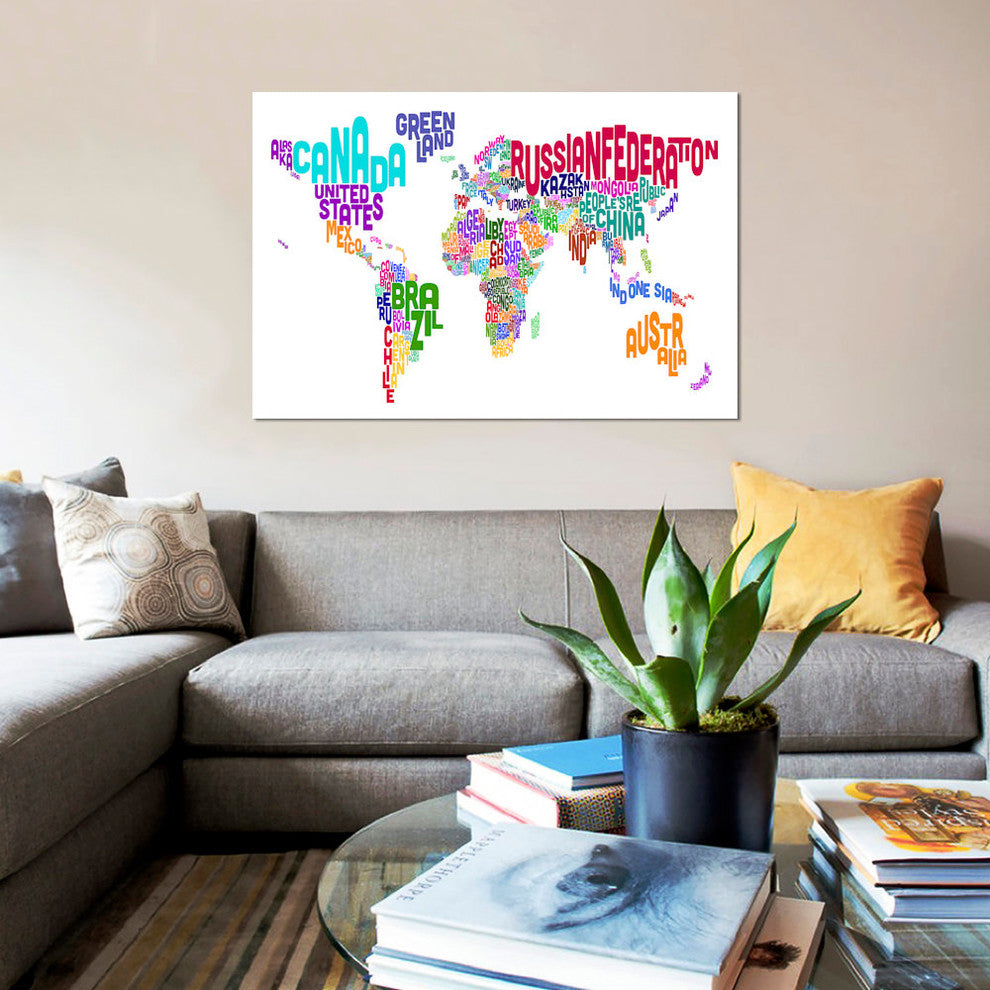 "Typographic Text World Map VI" by Michael Tompsett, Canvas Print, 18x12"