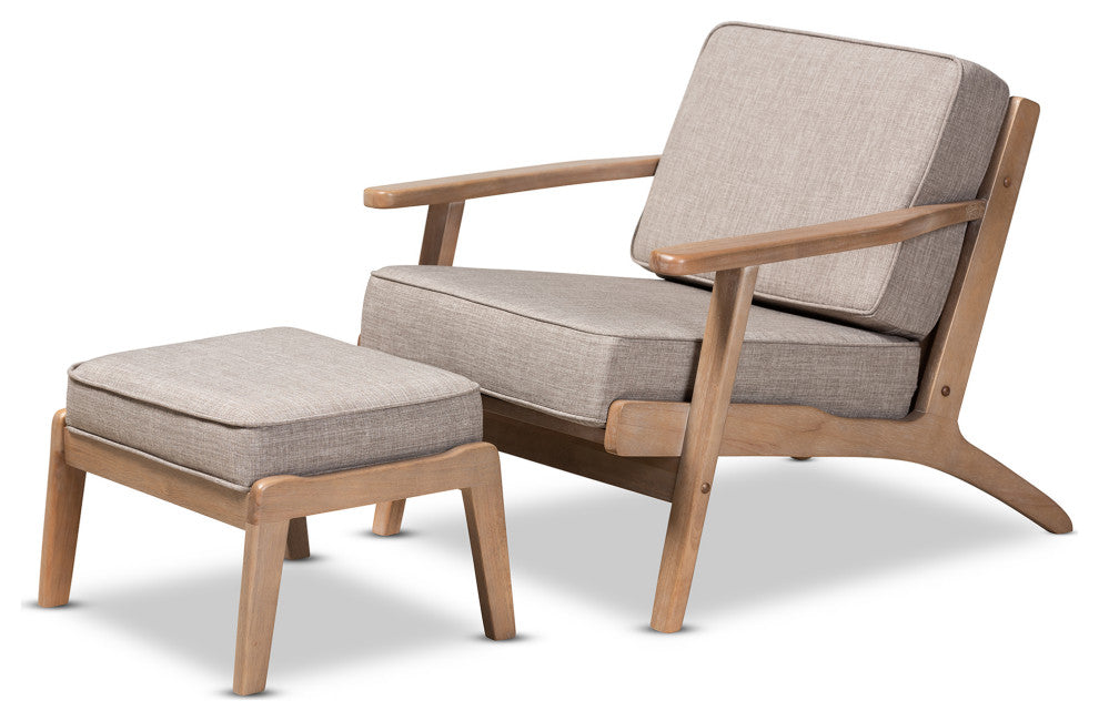 Woodard Light Grey Upholstered Antique Oak 2-Piece Wood Armchair and Ottoman Set