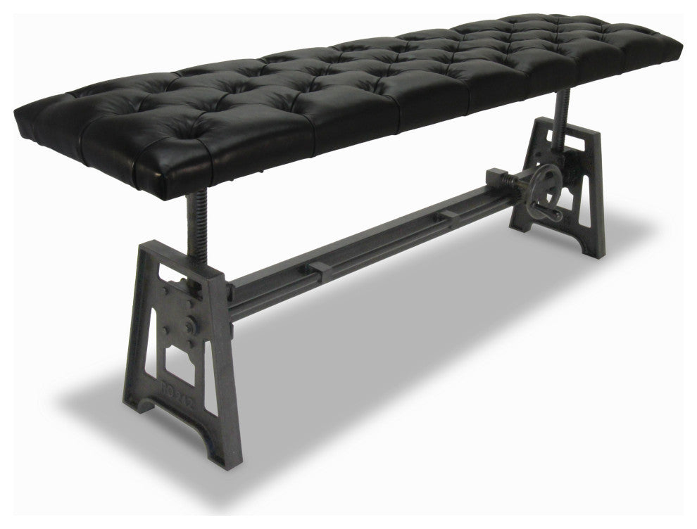 Industrial Dining Bench Seat - Cast Iron Base - Adjustable Black Leather Top