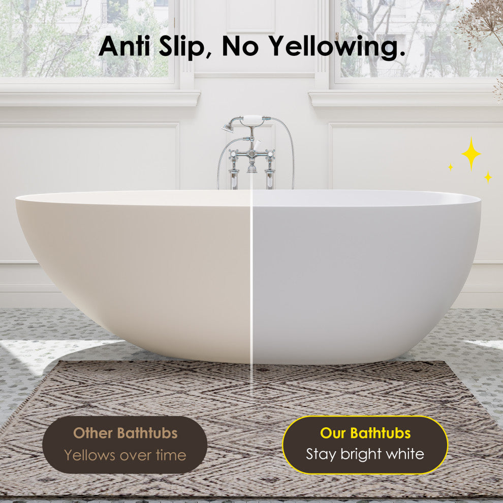 Giotto Flatbottom Freestanding Solid Surface Soaking Bathtub, Matte White, 59inch