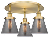 Cone-3 Light 18" Flush Mount-Brushed Brass, Plated Smoke Glass Shade