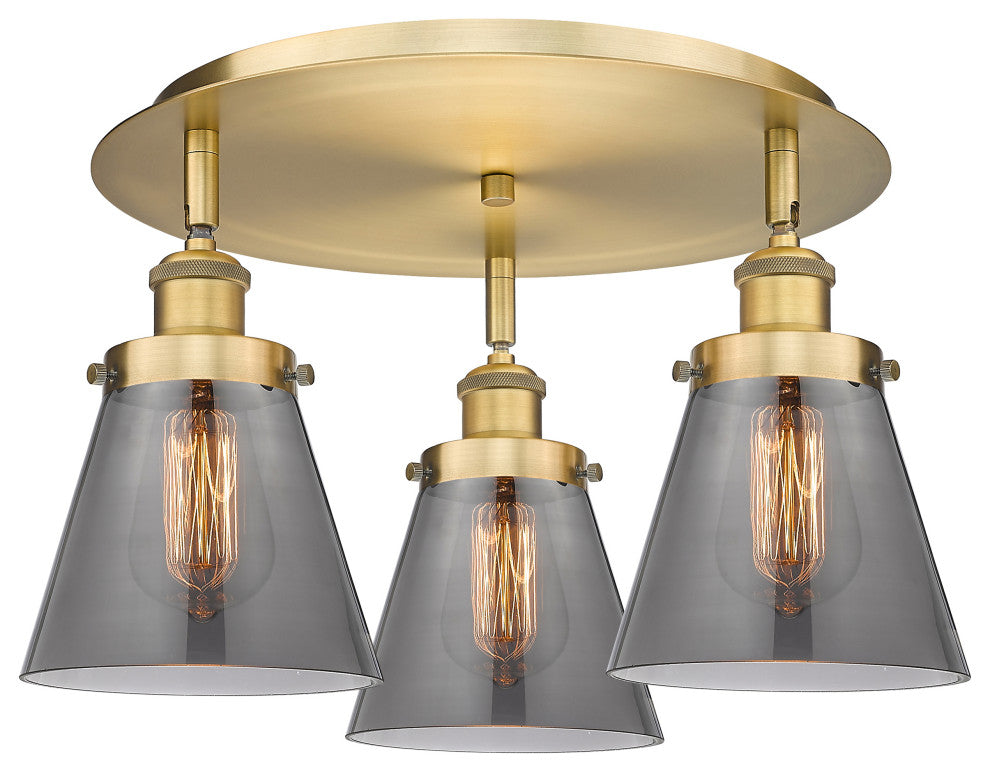 Cone-3 Light 18" Flush Mount-Brushed Brass, Plated Smoke Glass Shade
