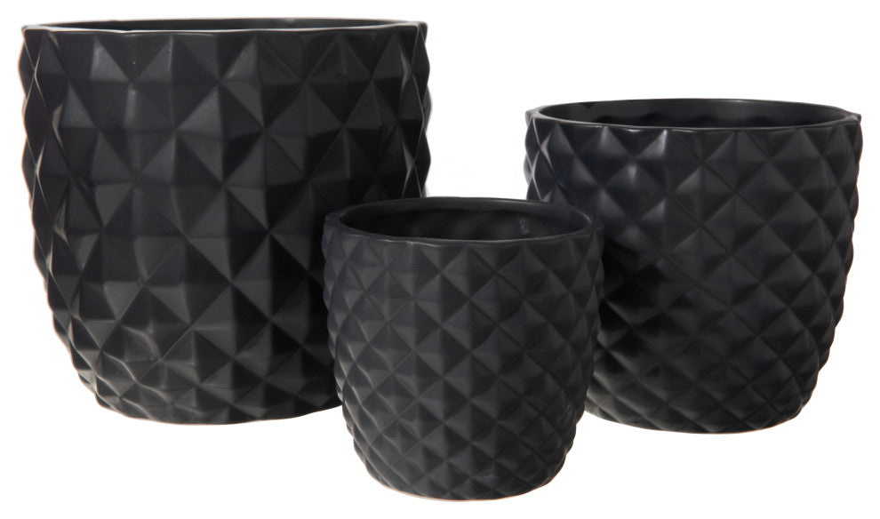 Round Ceramic Pot with Embossed Diamond Pattern Matte Black Finish, Set of 3
