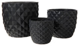 Round Ceramic Pot with Embossed Diamond Pattern Matte Black Finish, Set of 3