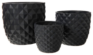 Round Ceramic Pot with Embossed Diamond Pattern Matte Black Finish, Set of 3