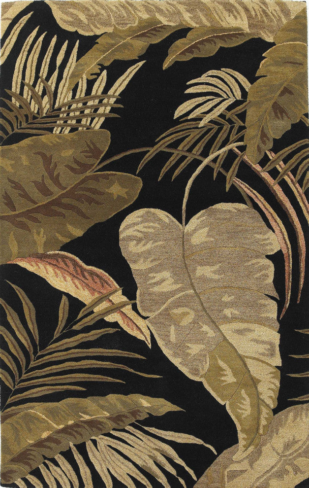 HomeRoots 3'x5' Midnight Black Hand Tufted Tropical Leaves Indoor Area Rug