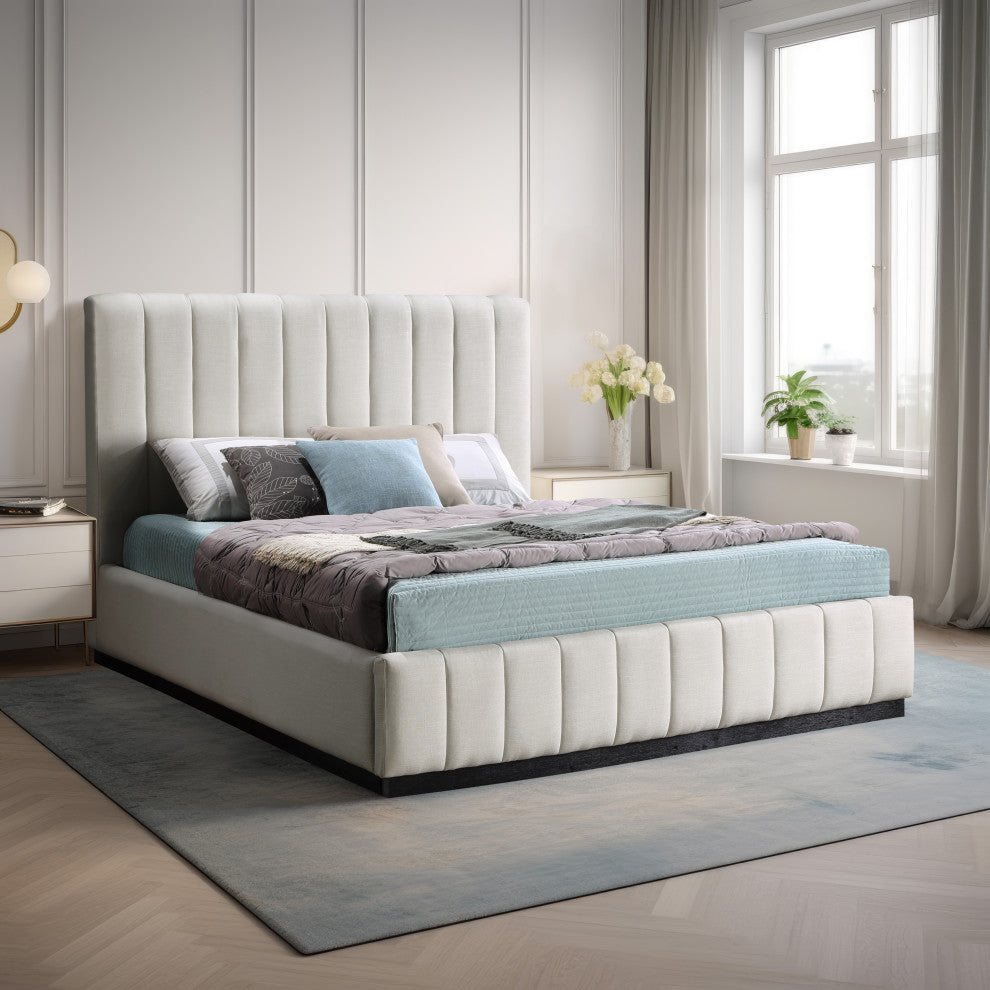 Lucia Beige Linen Textured Fabric Full Bed, Beige, Queen, Black Finish