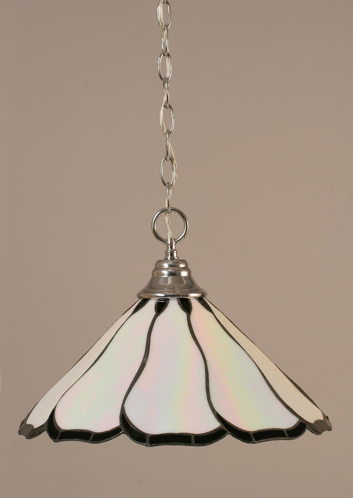 Chain Hung Pendant In Chrome, 16" Pearl and Black Flair Tiffany Glass