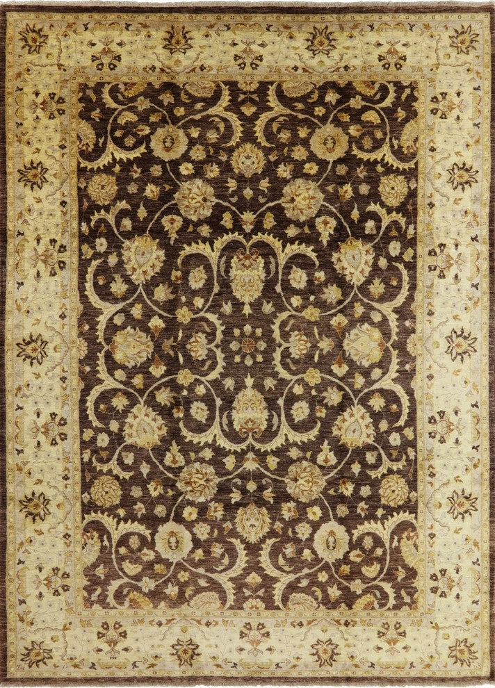 Oushak Peshawari Chobi Brown Hand-Knotted Wool Rug, 9'x12'