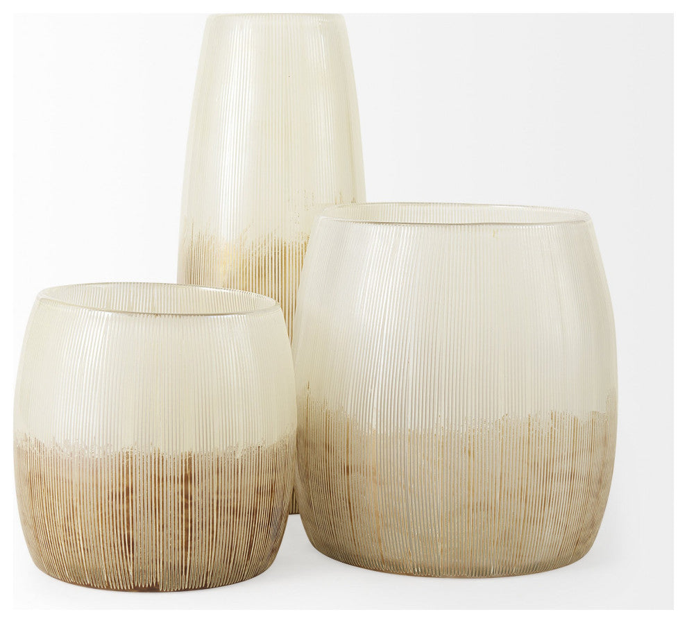 9" Creamy White and Gold Ombre Striped Long Glass Vase