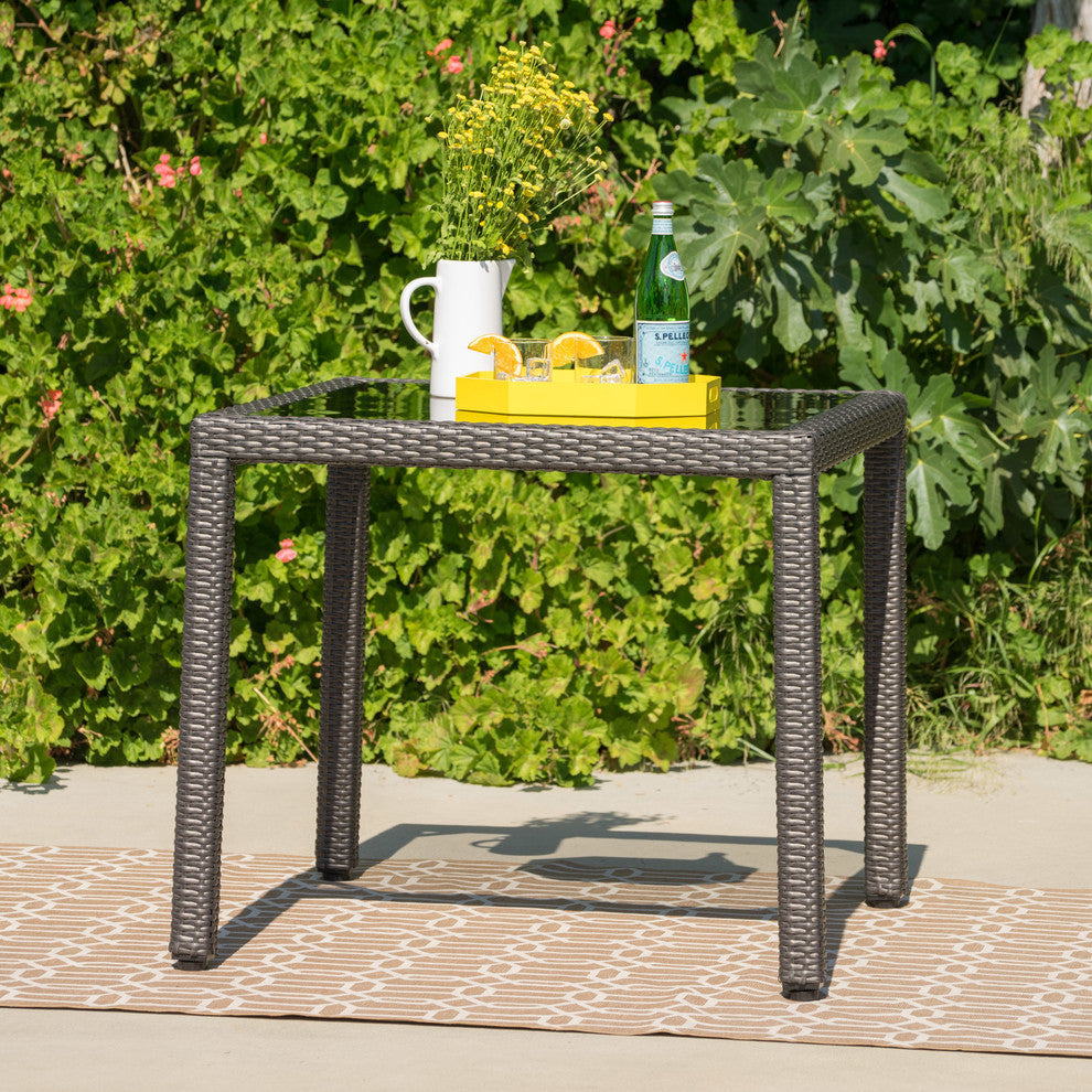 GDF Studio San Tropez Outdoor Wicker Dining Table With Glass Top
