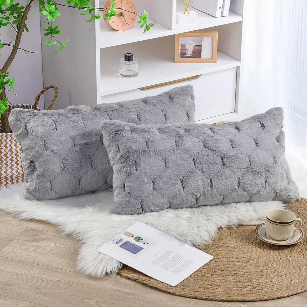 Jacquard Rabbit Faux Fur Pillow Cover 2 Piece Set, Silver Grey, 14" X 26"