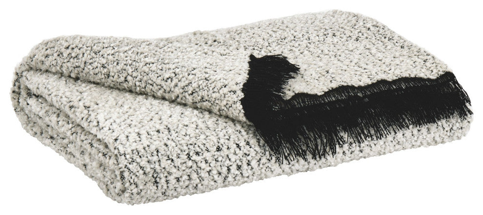 Benzara BM232948 Polyester Chenille Blend Throw With Fringe Details, Black/White