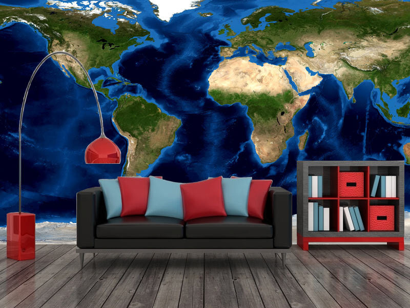 World Topography, Satellite Image Wall Mural, Peel and Stick, 8-Panel, 166"x83"